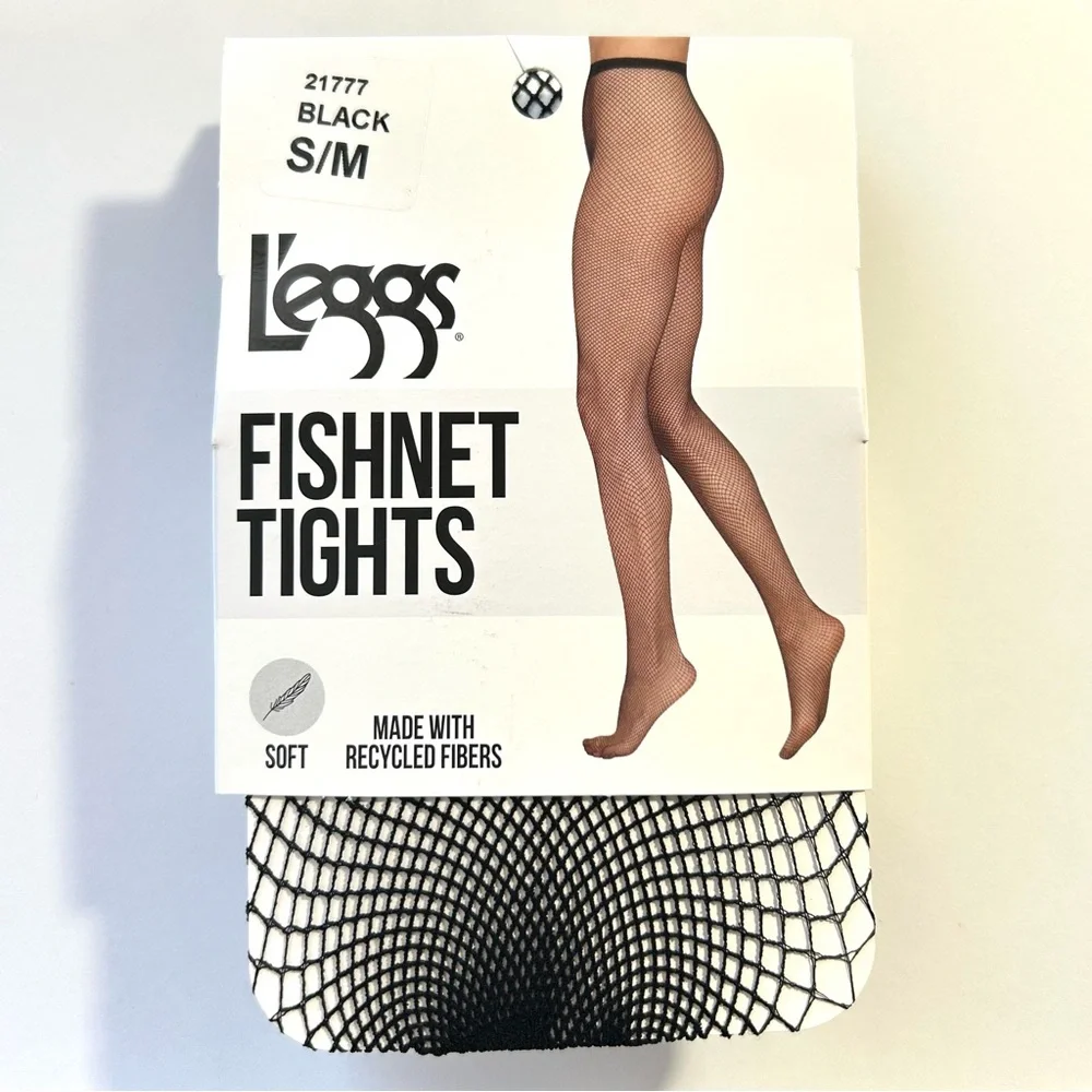 NWT L'eggs Fishnet Sheer Black Tights, S/M, 1.0 pr